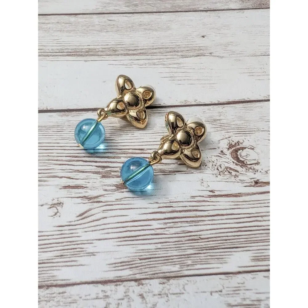 Vintage Givenchy Clip On Earrings - Gold Tone & Blue Dangle